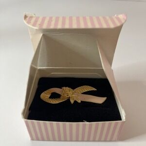 Vintage Avon Gold Tone Pink Enamel Breast Cancer Awareness Ribbon Lapel Pin Rose